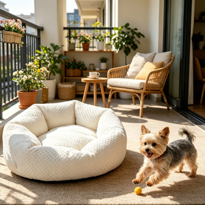 Coussin rond de luxe en tissu gaufré pour animaux de compagnie, vente directe d'usine, avec coton PP hautement élastique, pour chats et chiens - Product Image 1
