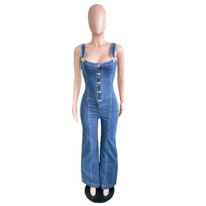 Combinaisons pour femmes en denim sexy à bretelles spaghetti, bouton sur le devant, décontractées, <span class=keywords><strong>pantalon</strong></span> large à jambes droites, tenue <span class=keywords><strong>de</strong></span> soirée, <span class=keywords><strong>combinaison</strong></span> une pièce - Product Image 4