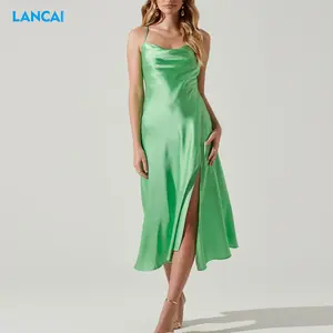 2023 vert italie été couleur unie Sexy sangle décolleté goutte soie Satin sans manches femmes sangle robe