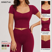 Ensemble de yoga effet seconde peau pour femme, haut à manches courtes et leggings évasés, 2 pièces, rembourré, anti-humidité, coupe ajustée, pour la course, la gym et le fitness