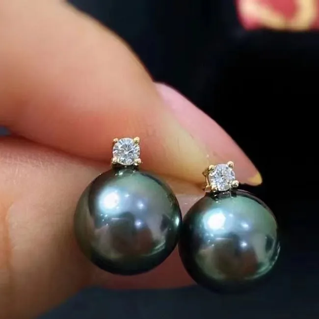18K Golden Princess earrings 8-9mm sea Tahitian black pearl earrings perfect circle strong light basically flawless
