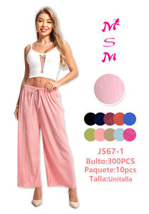 Pantalones Anchos de Mujer, Cintura Alta, Corte Holgado, Color Sólido, Tejido de Algodón, con Cordón, Casuales, de Verano - Product Image 1