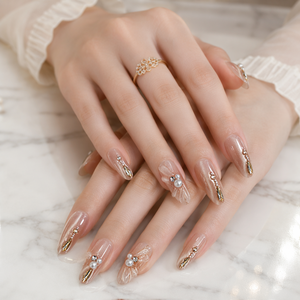 Faux ongles à presser en amande, avec perles 3D et strass, couvrance totale, pré-dessinés, prêts à poser pour les doigts - Product Image 6