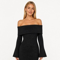 Robe en tricot vintage pour femme avec logo personnalisé, pointelle, mini volants, manches longues, épaules dénudées, noire, été, polyester, élasthanne, OEM, ODM