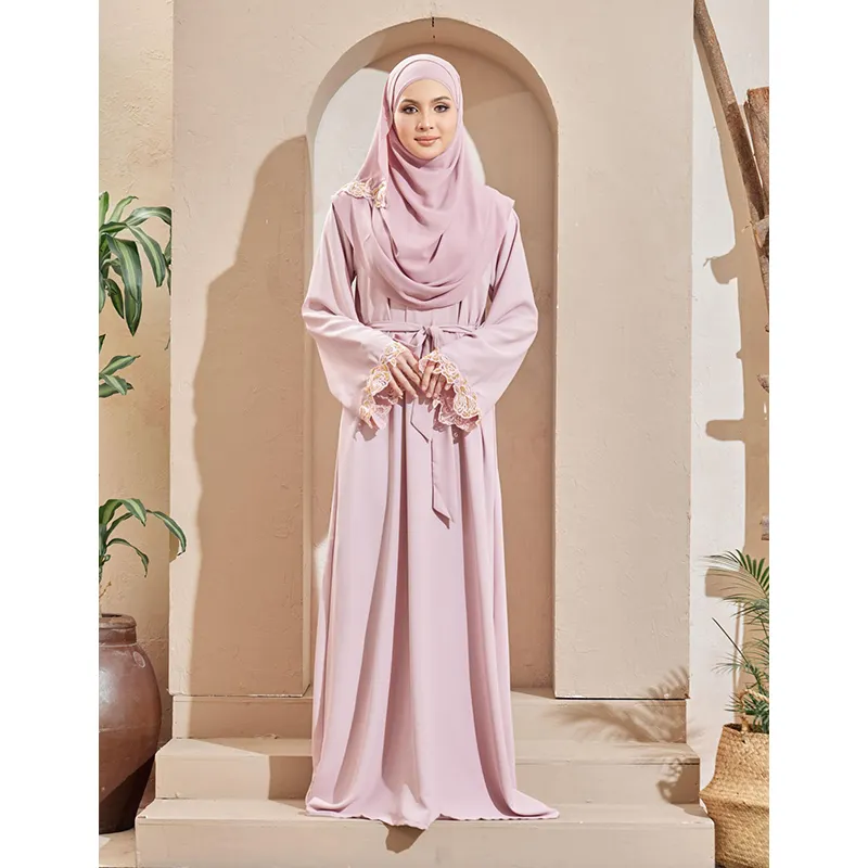 Solidcolor Iran Nieuwe Bloemen Islamitische Kleding Vrouwen Gratis Blush Borduren Ontwerp Kimono Abaya Geplooide Kant