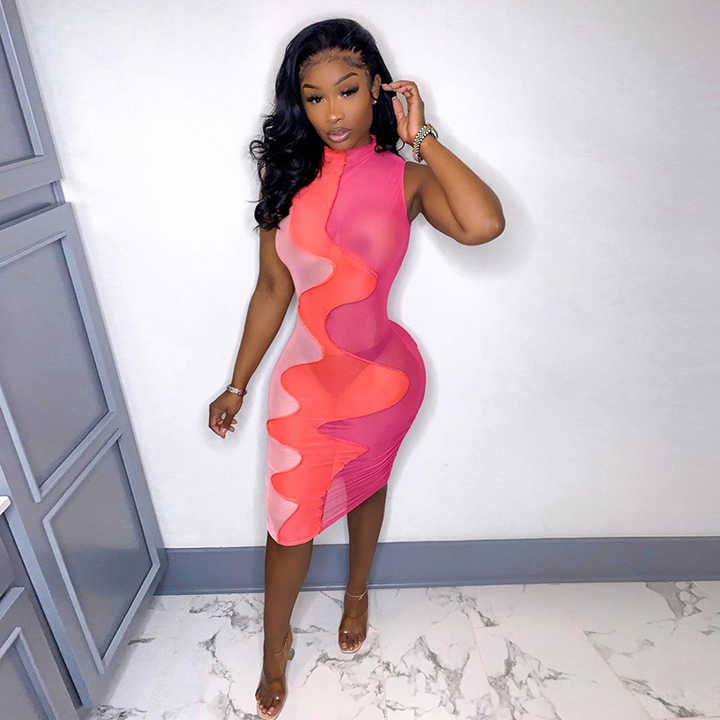 See Through Sundress Contrast Color Shirring Dresses Woman O-Neck  