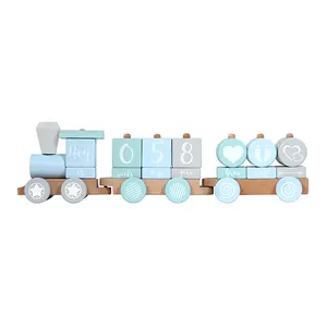 Best Baby Shower Gift Solid Wood Milestone Baby Age Photo Blocks Wooden Train Toy