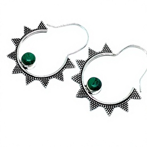 Boucles d'oreilles créoles bohèmes plaquées argent en gros pour femmes, avec pierre précieuse turquoise, forme ronde, bijoux d'anniversaire - Product Image 2