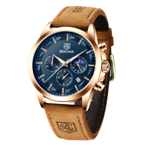 Montres Benyar 5160 pour hommes, <span class=keywords><strong>montre</strong></span> à quartz de luxe pour hommes, boîtier en or rose, <span class=keywords><strong>montre</strong></span> masculine tendance, chronographe, étanche, <span class=keywords><strong>bracelet</strong></span> en <span class=keywords><strong>cuir</strong></span> sport - Product Image 5