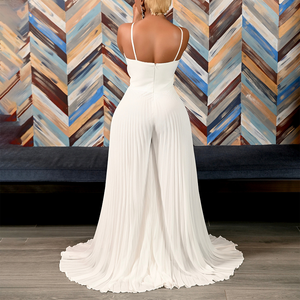 Elegante Mono Largo Plisado con Flores 3D y Cuello Halter para Mujer, de Cintura Alta, Pierna Ancha, Tirantes Finos y Cremallera, Ideal para Fiestas, Clubes y Bodas - Product Image 2