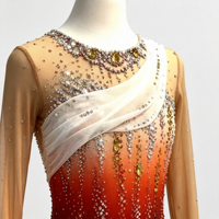 Robe de patinage artistique dégradé rouge-orange, maille nude, manches longues, strass, dos en V profond, costume de danse sur glace pour femmes et filles