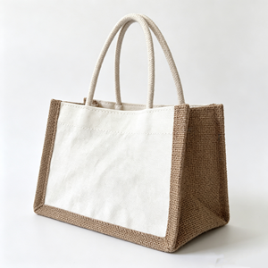 Custom logo <b>white</b> canvas tote <b>bag</b> with brown trim and rope handles, OEM/ODM, wholesale custom sizes and colors - Product Image 1