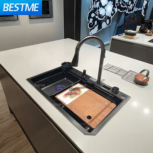 Cascade fonctionnelle au-dessus du comptoir Nano Smart Black Mixer Évier de cuisine fait main en acier inoxydable personnalisé Éviers de cuisine à une cuvette - Product Image 1