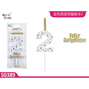 เทียนวันเกิดรูปเค้กประดับลายดาวทองคำหมายเลข 2 ของ Peiyong พร้อมข้อความภาษาสเปน สำหรับงานปีใหม่ อีสเตอร์ บรรจุกล่อง - Product Image 1