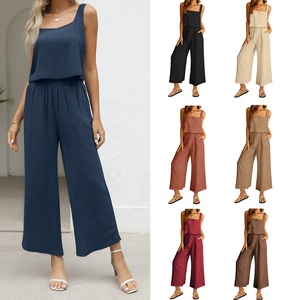 OEM Summer Solid Two Piece <strong>Sets</strong> Casual Sleeveless <strong>Square</strong> Collar Shirt and Loose Straight Pants Suits Women Cotton Linen <strong>Set</strong> - Product Image 1
