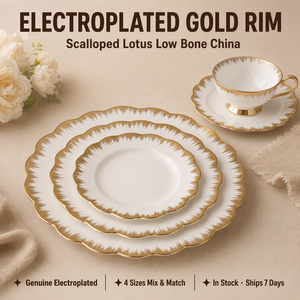 Juego de Vajilla de Porcelana China con Borde Dorado Electrochapado y Diseño de Loto, Tamaños Variados en Stock para Banquetes de Boda de Lujo - Product Image 1