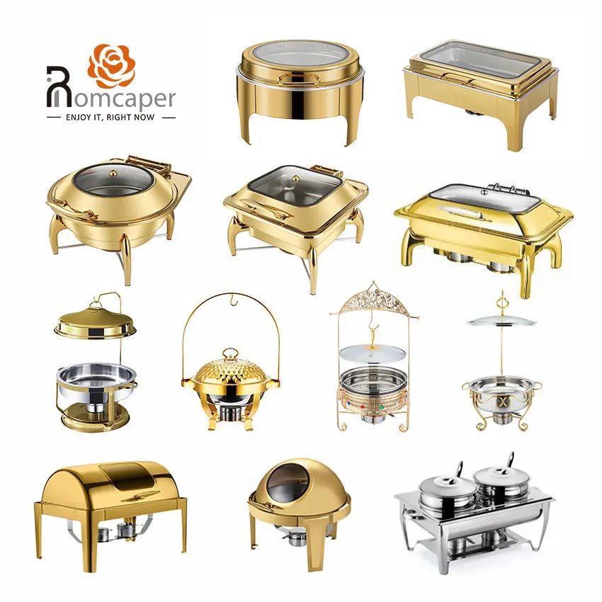 Gold luxury electric hanging stainless steel chafing dishes catering equipment chaffing dish pour buffet food warmers for sale