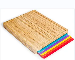 Planche à découper en bois de bambou facile à nettoyer avec 6 tapis de coupe flexibles à code couleur avec icônes alimentaires-ensemble de planche à découper