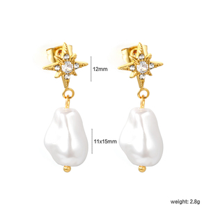 Wholesale 18K Gold Stainless Steel Star Rhinestone <b>Stud</b> <b>Earrings</b> Irregular Baroque Pearl Dangle Drop <b>Earrings</b> Women Fashion Jewe - Product Image 2