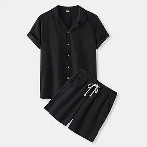 Setelan pakaian kasual leher V pria, kerah V berkancing lengan pendek celana pendek Linen berongga Set dua potong kain Linen laki-laki bercetak - Product Image 1