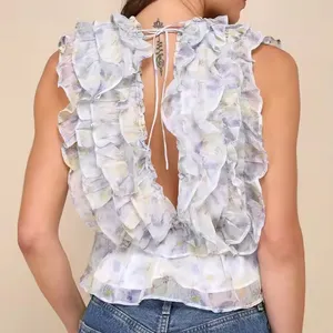 Decadent Persona Lavender Floral Chiffon Backless Ruffled Top