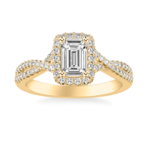 แหวนแต่งงานแบบ Pave Split Shank ทองคำแท้ 14K ประดับมรกตทรง Emerald Cut พร้อม Halo  สามารถสั่งทำขนาดได้ตั้งแต่ 1-10 สำหรับแหวนเพชรเพาะเลี้ยงจากจีน - Product Image 1