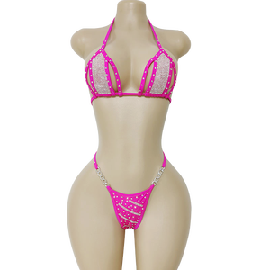 Áo tắm bikini dây xích bạc nylon tùy chỉnh, trang phục khiêu vũ gợi cảm, đồ diễn thoát y, quần lót dây đính đá cho phụ nữ quyến rũ, khiêu vũ ballroom - Product Image 1