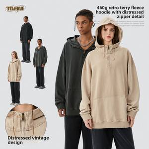 Nuova <span class=keywords><strong>Felpa</strong></span> con Cappuccio Autunno Inverno in 100% Cotone Terry 460g Anti-Pilling con Decorazione a Cerniera e Design con Bordi Sfrangiati - Product Image 2