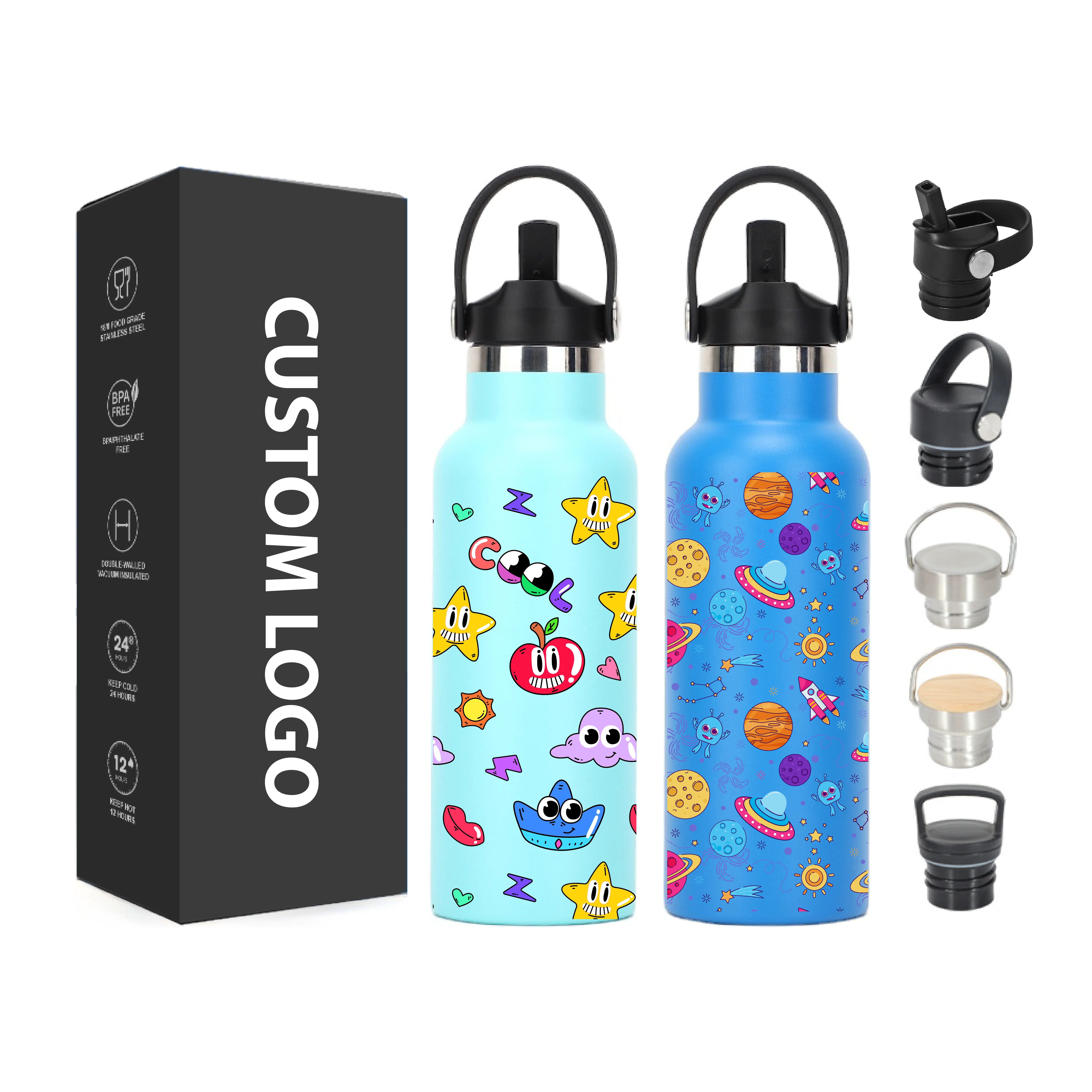Customized Logo Travel Gym Drinking Bottle 500ml Double Walled 304 Stainless Steel Vacuum Flask Insulated Water Bottles for Kids