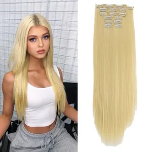 Extensões de cabelo sintético Clip In Straight Hair Pieces Barato Natural Fluffy para As Mulheres Menina Prata Branco Loiro Cinza Cabeça Cheia