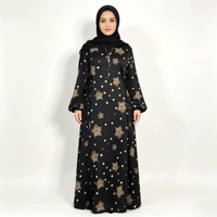 Abaya con Mangas Abullonadas y Estampado de Puntos, Motivo Floral Dorado, Ropa Modesta Musulmana Islámica, Largo hasta el Suelo, Cobertura Completa