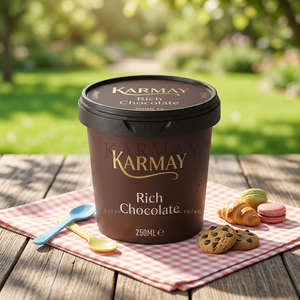 Helado de Chocolate Rico KARMAY, 250 ml, Tazón Redondo de Plástico con Tapa, Diseño con Estampado Dorado - Product Image 1