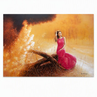 Peinture à l'huile contemporaine sur toile, représentant une femme en robe rose dans un paysage marin, idéale pour la décoration de salon, chambre ou comme cadeau.