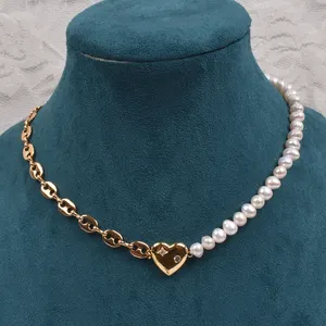 Wholesale near round pearl necklace Love 14K gold natural freshwater pearl finished product light luxury quality clavicle chain