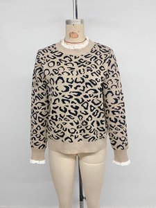 <span class=keywords><strong>Maglione</strong></span> Lavorato a Maglia da Donna 2026 Stile Retrò con Ricamo in Pizzo, Scollo Rotondo e Stampa Leopardata - Product Image 3