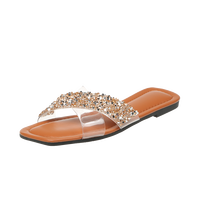 Nouvelles sandales plates à lanières transparentes en strass pour femmes, vente en gros, personnalisables, à bout carré, pour fêtes et plage estivale