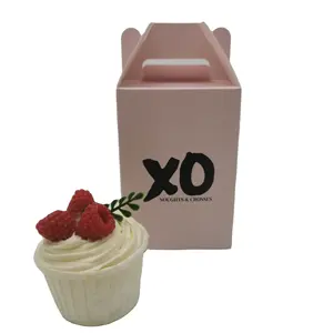 Custom cardboard paper dessert box cupcake take out takeaway box with carry handle