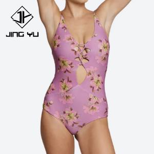 Tropical pink Printed V-<b>neck</b> <b>Swimsuit</b>, <b>High</b>-quality Recycled Polyester One-piece Swimwear - Product Image 3