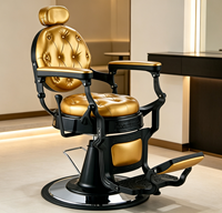 Fauteuil de barbier élégant au design capitonné vintage en cuir doré, réglable en hauteur, pour salon de coiffure commercial pour hommes