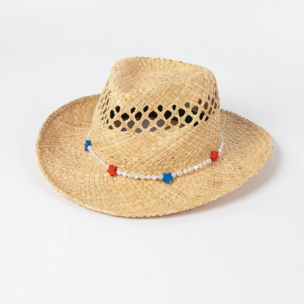 قبعات تريكو من WoZhen مع سلسلة من اللؤلؤ نجوم قبعات للعشب لصيف 2023 تصميم جديد من القش الحقيقي