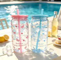 Gobelet en plastique PC de 500 ml (16,9 oz) avec logo personnalisé, motif nœud et cœur, avec paille, idéal pour café glacé, jus, voyages et fêtes