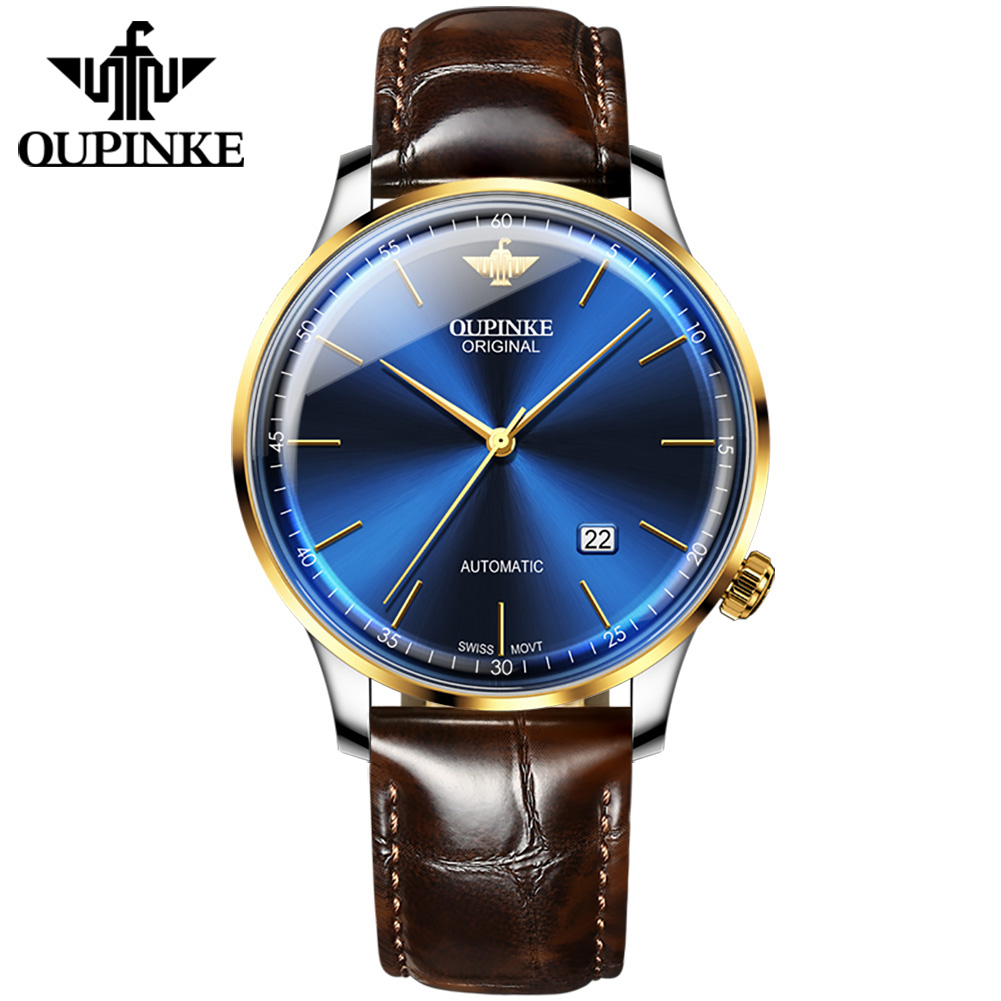 OUPINKE Orologio Uomo Automatico Meccanico - Quadrante Scheletro Cristallo Zaffiro, Tourbillon, Colori Argento/Blu, Bracciale - 2