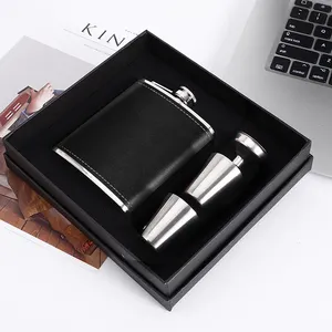 18/8 Stainless Steel 8oz Hip Flask Set Black Leather Covered Beverage Serving Set With 2 Cups Funnel For Men