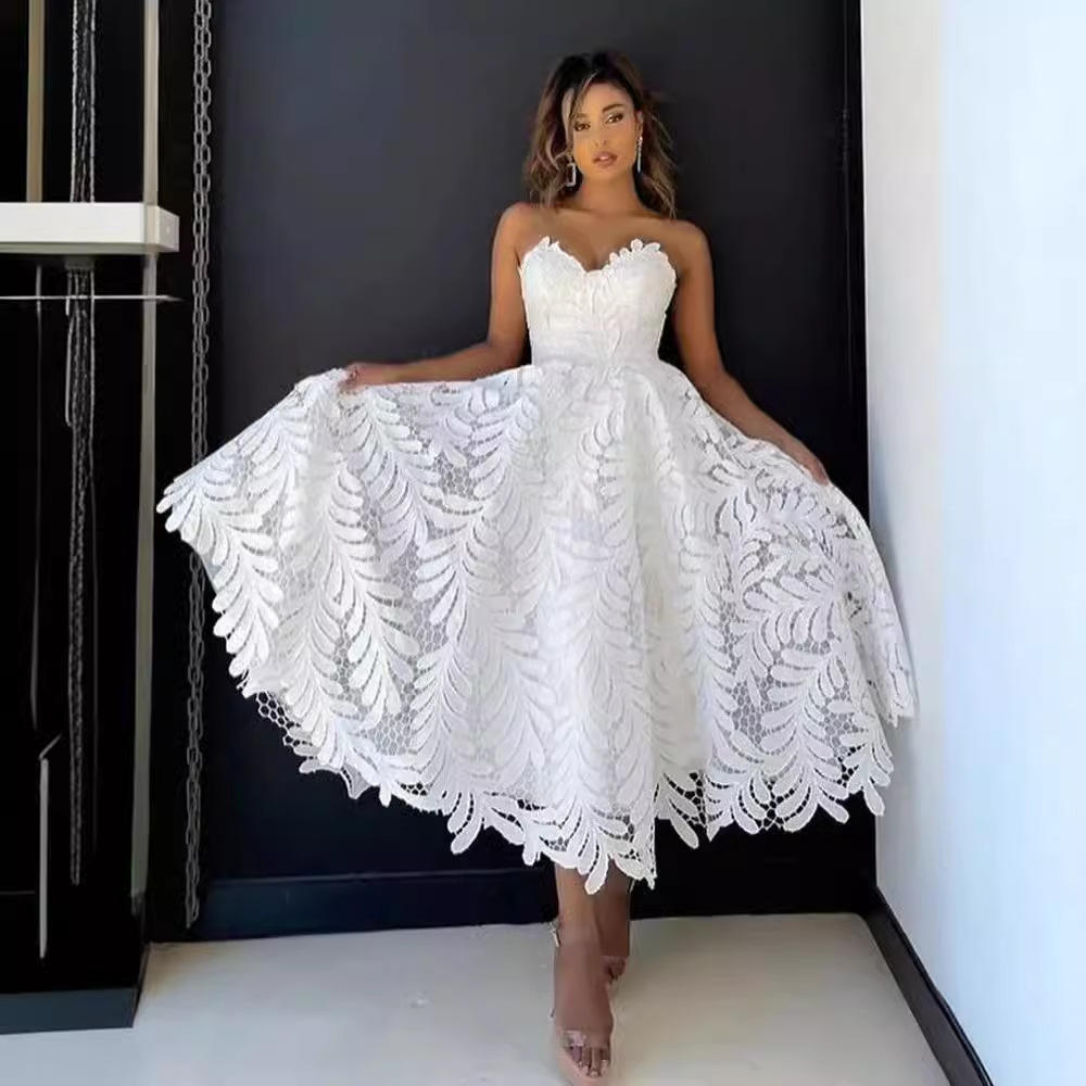 White Lace Knee Length Dress Elegant New Design