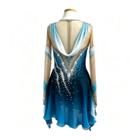 Robe de patinage artistique à manches longues et dos nu, dégradé bleu et blanc, avec strass en maille pour enfants et adultes, pour les compétitions sur glace