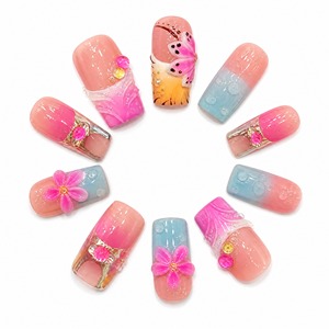 Faux ongles carrés à pression motif papillon fleur rose, couvrance totale, manucure pré-dessinée prête à poser pour salon - Product Image 3