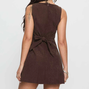 เดรสคอร์ดูรอยสีน้ำตาลสำหรับผู้หญิง คอวีผูกโบว์ด้านหลัง ทรงเอไลน์ มินิเดรส เซ็กซี่ สไตล์วินเทจ Y2K สำหรับฤดูใบไม้ร่วง ฤดูหนาว ใส่สบายๆ ในชีวิตประจำวัน - Product Image 5