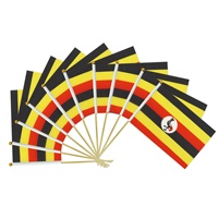 Bendera Tangan Uganda Custom 14x21cm Cetak Sublimasi Grosir Tongkat Kayu Bebas Serpihan Mini Spanduk Kibaran Dekorasi Oktober