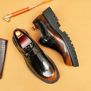 British casual leather <b>shoes</b> - genuine leather men's formal business thick-soled high-heeled glossy black patent leather one-pie - Product Image 3