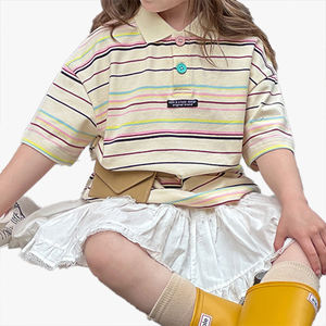 เสื้อยืดลำลองสไตล์เกาหลีสำหรับเด็กผู้หญิงแขนสั้นหลวมๆลายทางสีสันสดใสเสื้อโปโลแฟชั่น - Product Image 2